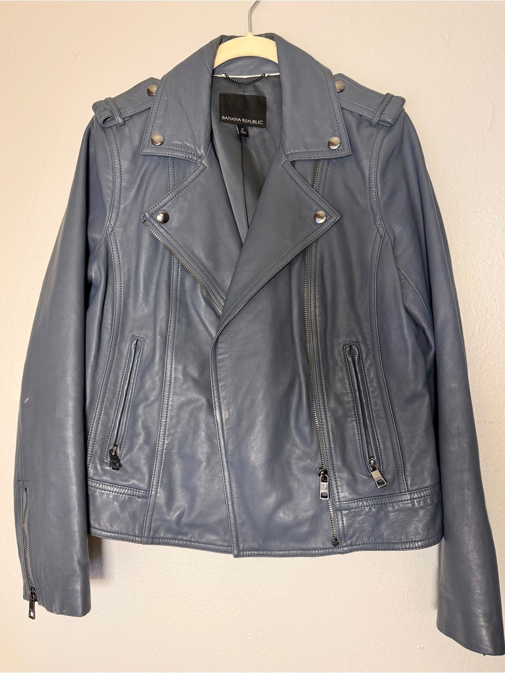 Banana Republic Grey Blue Leather Lambskin Jacket with Silver Detail